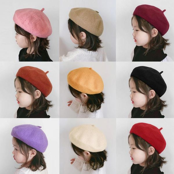 

caps & hats 2021 france beret hat painter flat cap kids girls vintage wool berets solid color children bonnet female warm winter, Yellow