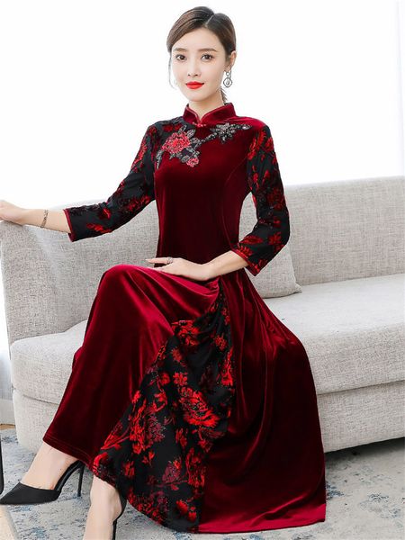 

dressed in vintage velvet fall and female winter elegant temperament embroidered dress for wedding reception robe y777 zsk7, Black;gray