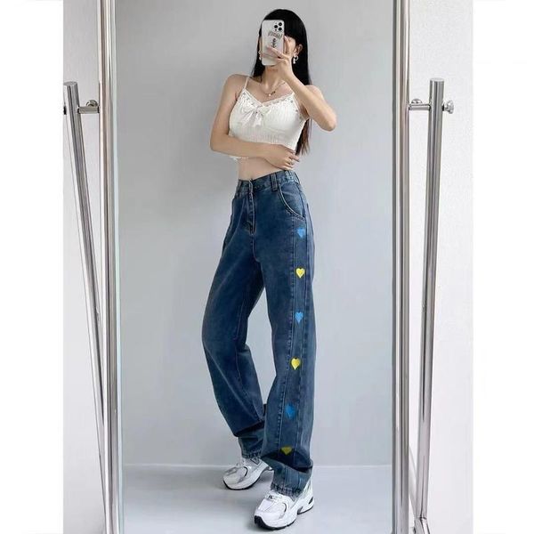 

women's jeans non-real autumn and winter high waist straight love wide, Blue