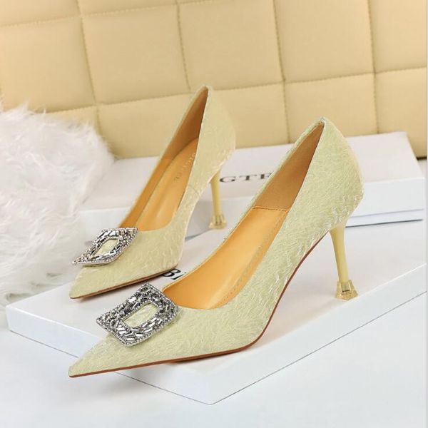 

new diamond buckle decoration satin pointed toe ladies high heels 8cm heel height ladies dress shoes, Black