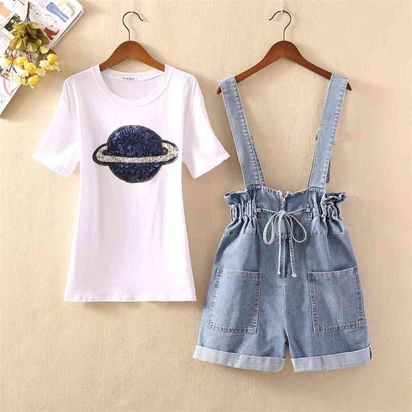 

summer two piece set outfits women sequin white t shirt + high waist bow tie denim ruched ruffle overalls shorts pants suits 210530