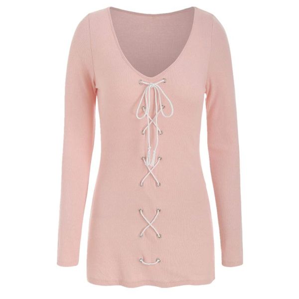 

women's t-shirt joineles lace up plunging neck solid women t shirt light pink autumn long sleeves casual shirts ladies slim tees, White