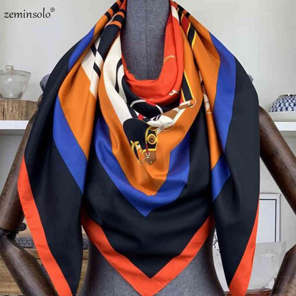 

100% twill silk scarf luxury brand chain neckerchief headscarf square shawls scarves women lady foulard female bandana 130*130cm, Blue;gray