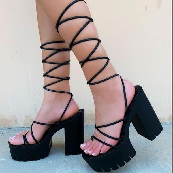 

sandals 2021 summer chunky heel open round toe lace wedge sandal solid platform shoes cross strap women's footwear, Black
