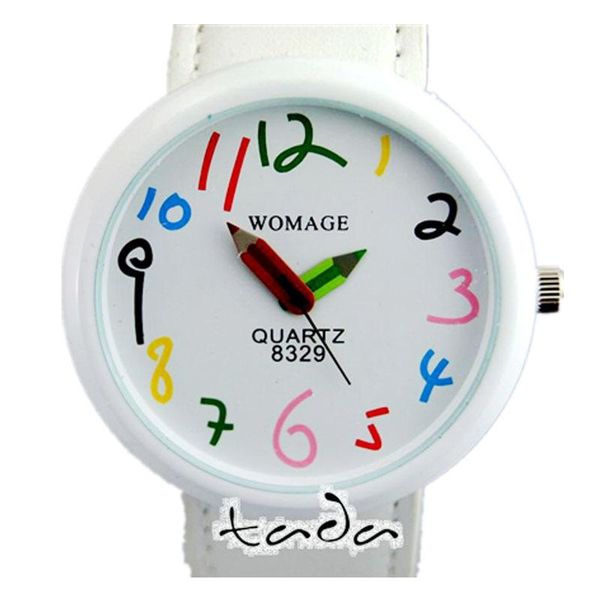 

wristwatches cartoon pencil hand colored number funny watch leather band fashion womage pointer women quartz wrist, Slivery;brown