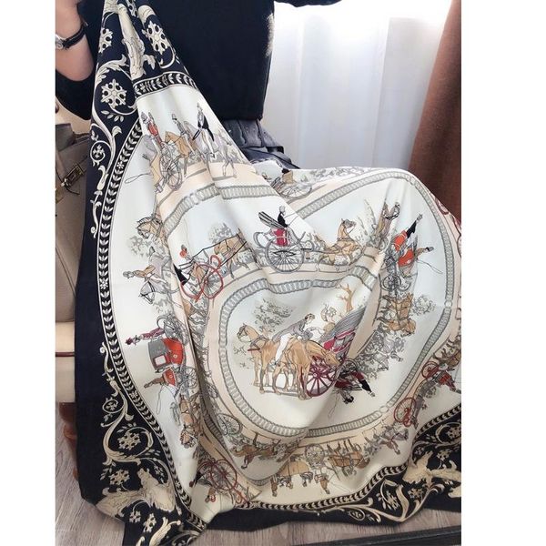 

scarves large square 100% silk scarf shawl vintage carriage print luxury wraps hijab head scarfs 100*100cm, Blue;gray