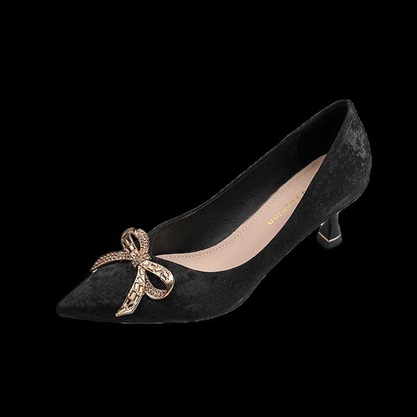 

women 2021 fashion butterfly-knot shallow spring pumps office ladies dress high heels pump pointed toe slip-on shoes, Black