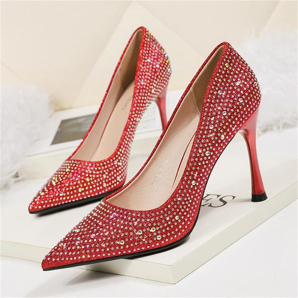 

dress shoes women's belted heel korean fashion pointed high heels nightclub was thin stiletto rhinestone banquet shallow mouth, Black