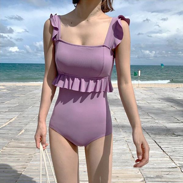 

one-piece suits ruffle swimsuit women biquini push up bikini high waist swimwear solid color one-piece-suits bathing suit biquinis