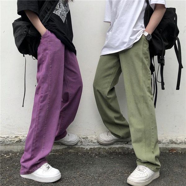 

men's jeans solid color cargo men korean casual fashion loose straight-leg streetwear retro denim trousers, Blue
