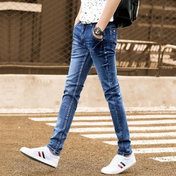 

men's jeans 2021 summer feet slim elastic casual korean fashion trousers, Blue