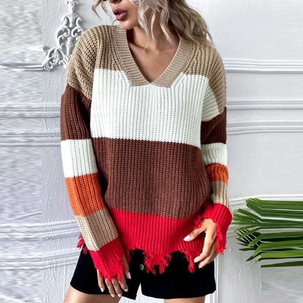 

women's multicolor striped v-neck sweaters women long sleeve loose oversized casual knited pullover sweater femme, White;black