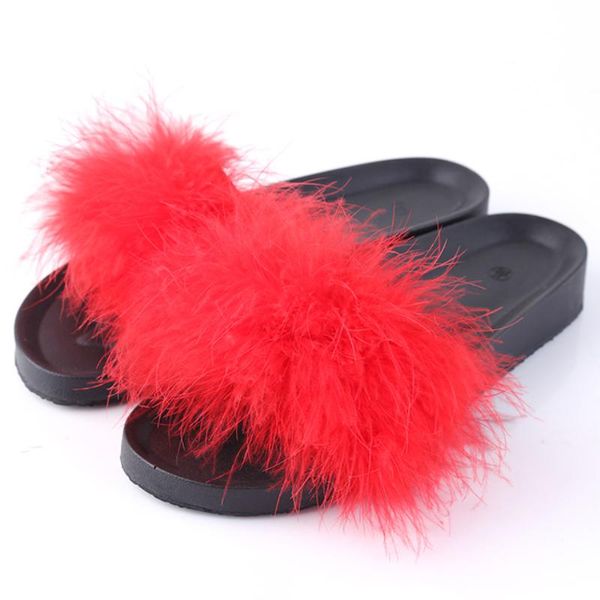 

sandals female fur furry slide sweet feather shoes platform thick bottom beach indoor flip flops women home soft slippers, Black