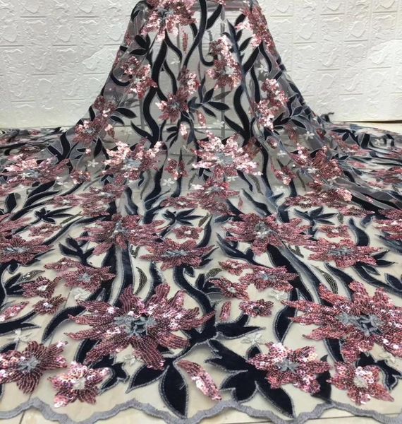 

ribbon latest french nigerian net lace,african velvet tulle mesh sequence lace fabric for wedding dress 5yards ml8468, Pink;blue