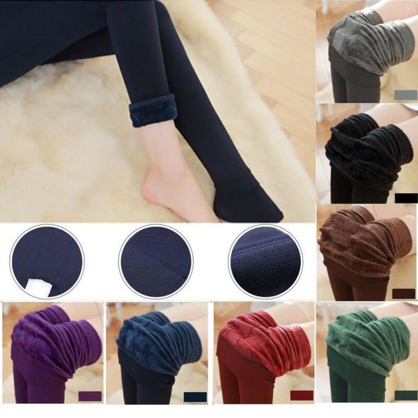 

solid long thick trouser winter women legging thermal fleece skinny buttom pants leg stretch warmer leggings, Black