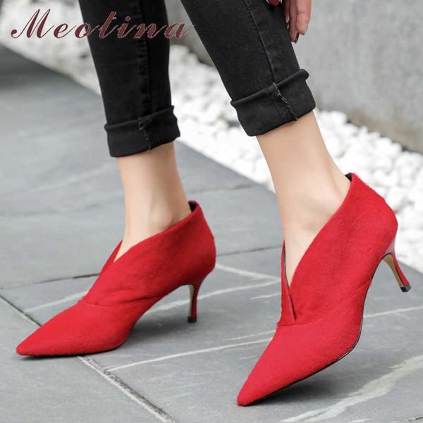 Meotina Natürliche Echte Leder High Heels Frauen Schuhe Dünne Ferse Schuhe Spitz Pumpen Pferdehaar Damen Schuhe Frühling Schwarz 210608