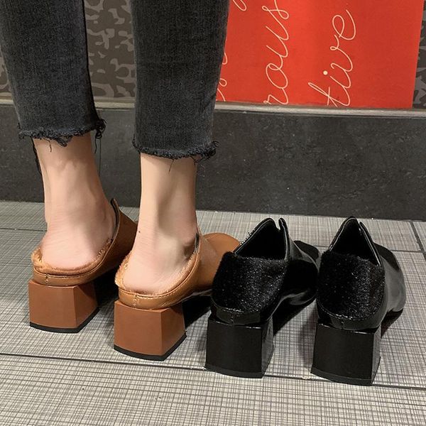 

dress shoes high heel leather 2021 platform heels latest pumps chunky sandals lace-up clogs for women all-match square toe, Black