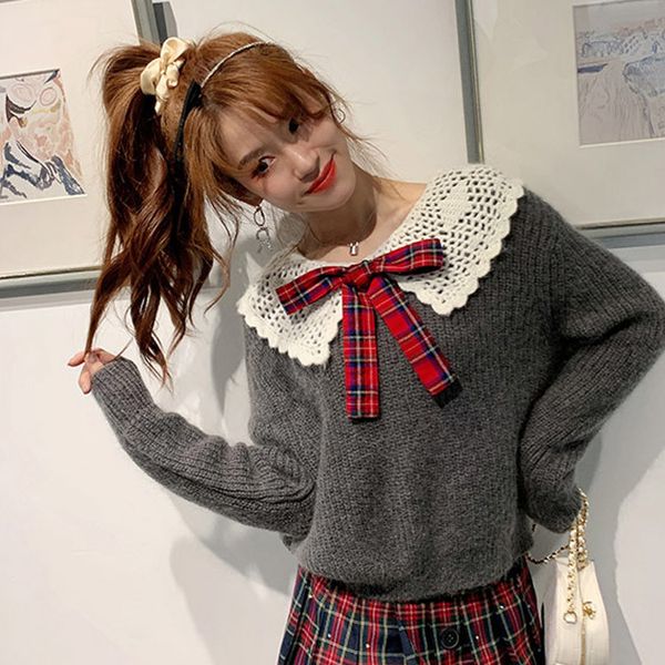 

knits sweet mohair jumpers fashion sweater pullover hit crochet collar red plaid bows gray sweaters, White