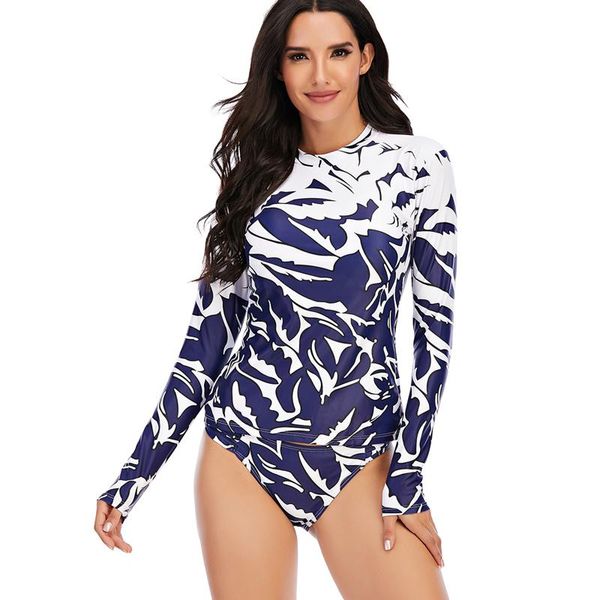 

two pieces swimsuit women long sleeve rash guard beach shorts printed bathing suit swimwear surfing sport rashguard s-2xl one-piece suits