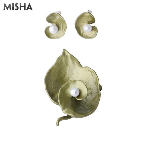 

earrings & necklace misha luxury brooch stud jewelry sets for women geranium shape natural pearl handmade wedding 2410, Silver