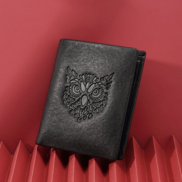 

vertical wallet hand-painted art box owl version] italian style layer cowhide men's [gift leather head c.deny lukvf lianquan004, Red;black