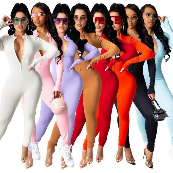 

women's leggings mm2134 european and american autumn supply solid color zipper long sleeve slim fit bottoming all-in-one pants spot, Black