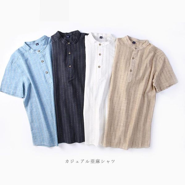 

men's casual shirts striped mens shirt short sleeve cotton linen men stand collar breathable streetwear summer loose camisas, White;black