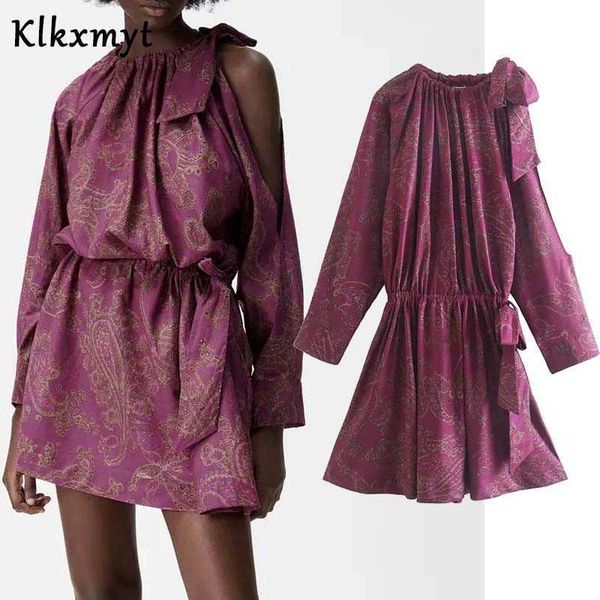 

klkxmyt za dress women summer elegant off shoulder es woman long sleeve vintage print beach casual mini 210527, Black;gray