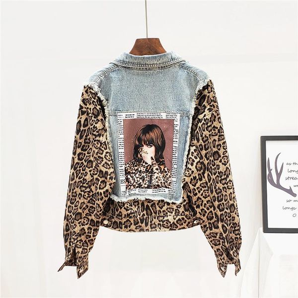 

women's jackets [ewq] 2021 spring autumn lapel long leeve leopard print patchwork streetwear denim jacket women coat 3ak074, Black;brown