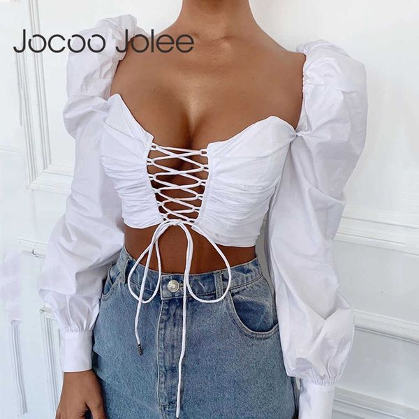 

jocoo jolee women autumn cross criss lace up white cropped puff sleeve hollow out blouse elegant backless shirts 210619
