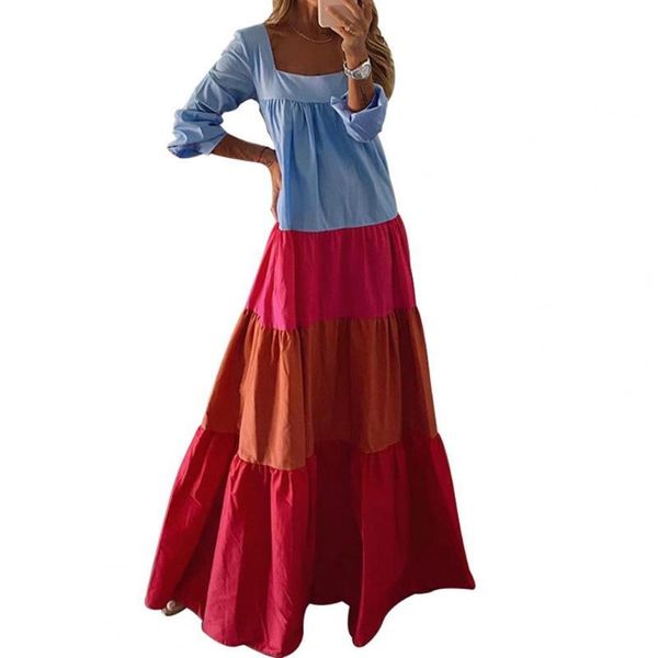 

casual dresses women maxi dress ruffles colorful patchwork vintage square neck large hem elegant beach for daily evening party streetwear, Black;gray