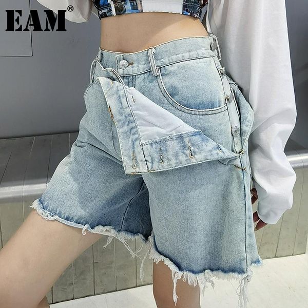 

women's shorts [eam] women wide leg blue denim burr casual high waist loose fit trousers fashion tide spring summer 2021 1de0820, White;black