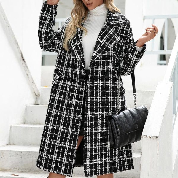 

women's wool & blends temperament plaid fleece coat long sleeve full jackets patchwork with button pockets winter elegant, Black