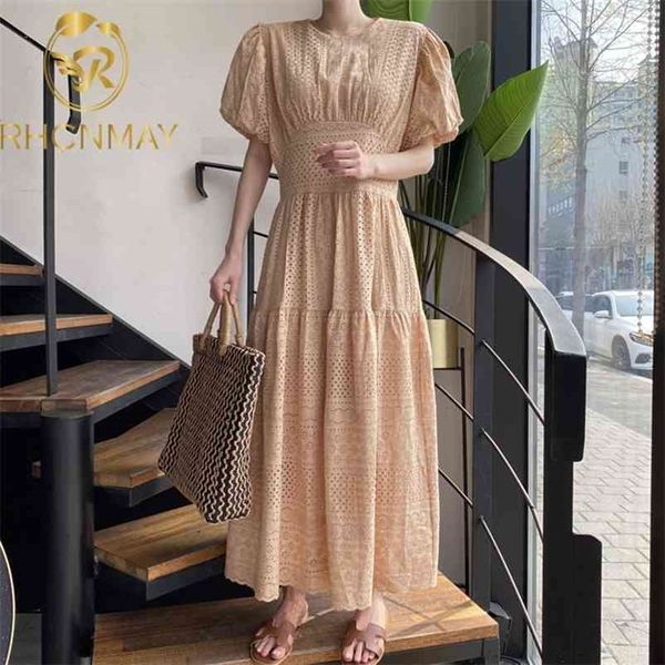 

summer runway dress hollow out embroidery lace long women puff sleeve es female fashion 210520, Black;gray