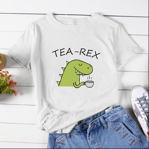 

womens t shirt summer cartoon dinosaur tea rex print harajuku graphic short sleeve o neck casual women, White