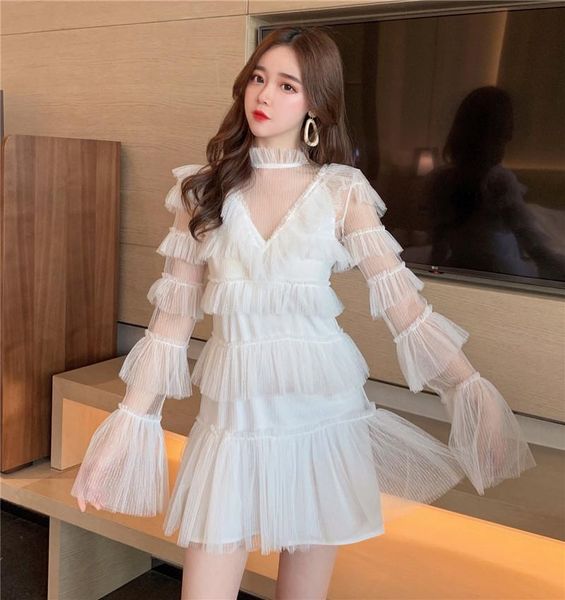 

casual dresses novel design sweet cute women white mesh dress fashion solid a-line long sleeve swing elegant party choker vestidos, Black;gray