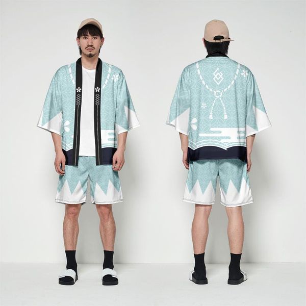 

ethnic clothing men japanese style blue print loose kimono and shorts set haori yukata cosplay fashion summer casual streetwear, Red