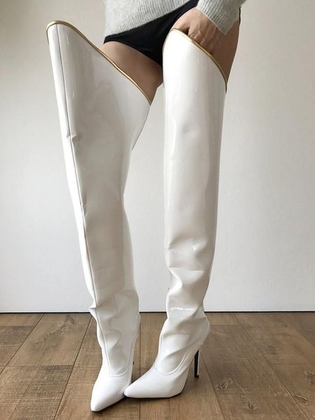 

boots custom made over-the-knee men's women's long patent leather white back v-opening botas mujer pole dance, Black