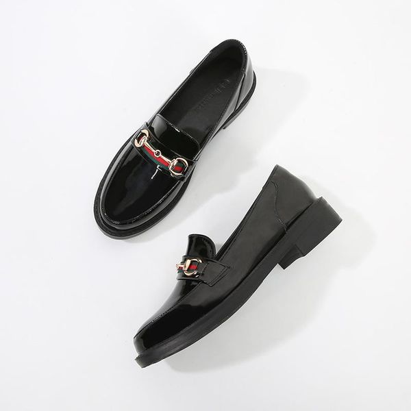 

dress shoes 2021 british style designer platform loafers women leather moccasin round toe metal chain slip on casual ladies thick heel, Black