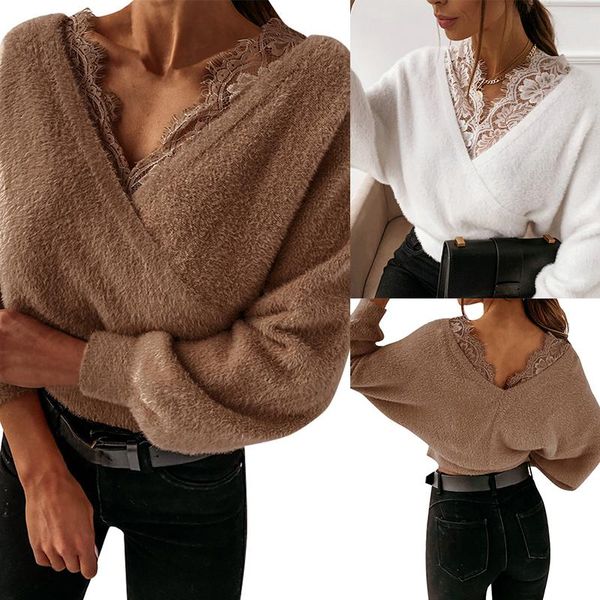 

women's t-shirt fashion solid color lace sling flannel long sleeve top, White