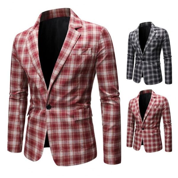 

men's suits & blazers autumn fashion men formal blazer flap pockets lapel casual long sleeve plaid print single button suit business co, White;black