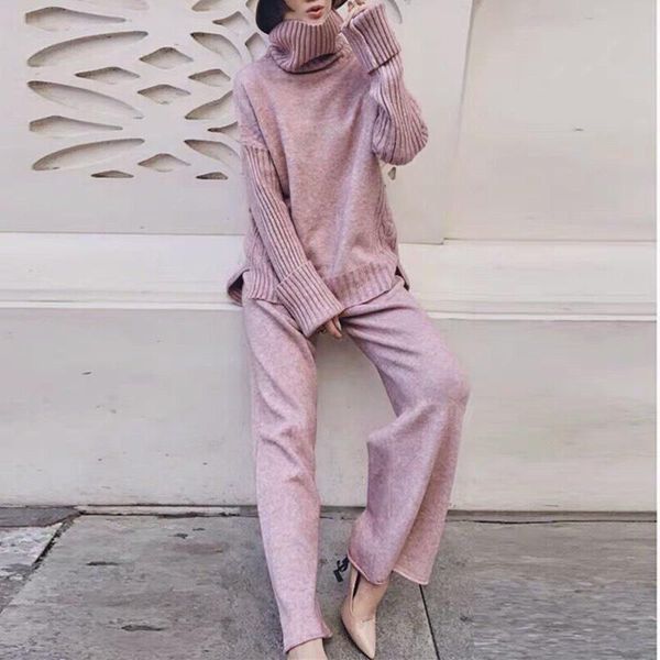 

women's tracksuits warm turtleneck sweaters 2021 spring autumn pullovers wide legs pant suit women loose solid knitted tracksuit suits, Gray