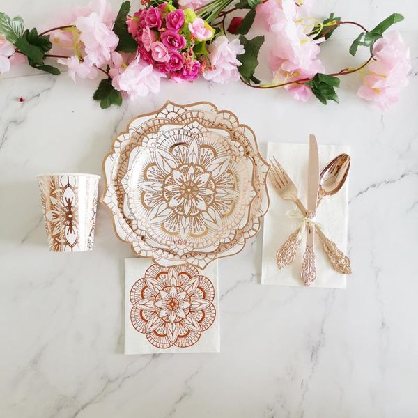 

disposable dinnerware rose flower bronzing tableware paper plate cup napkin knife fork spoon combination holiday party decoration supplies