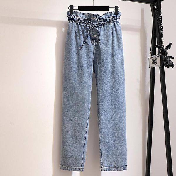 

women's jeans elastic waisted loose straight snow washed fleece denim trousers lace-up button casual large size 2xl-6xl, Blue