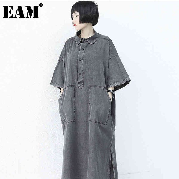 

[eam] women big size gray single breasted pockets denim dress lapel three quarter sleeve loose fashion summer 1dd6825 21512, Black;gray