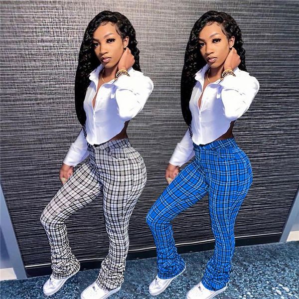 

womens printed grid trousers fashion trend folds flare mid waist pants designer autumn female elastic waist casual loose long pant, Black;white