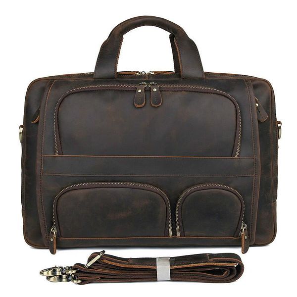 

briefcases handbag european and american retro briefcase style multi-pocket business bag crazy horse leather men's large 17" lapto