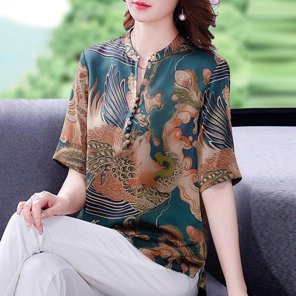 

women's blouses & shirts silk printed short sleeve shirt 2021 summer middle-aged and elderly mothers fashion thin mulberry blouse, White