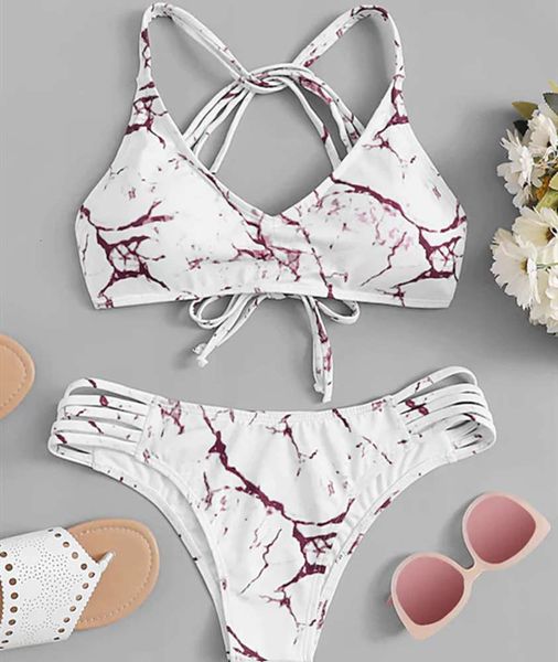 

swimwear women's split marble bikinid, White;black