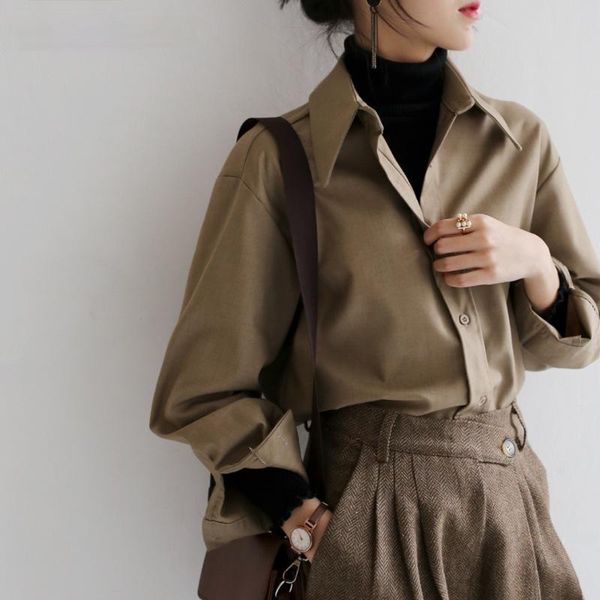

women's blouses & shirts coffee blouse women spring autumn casual solid color long sleeve shirt korean loose ol style workwear plus siz, White